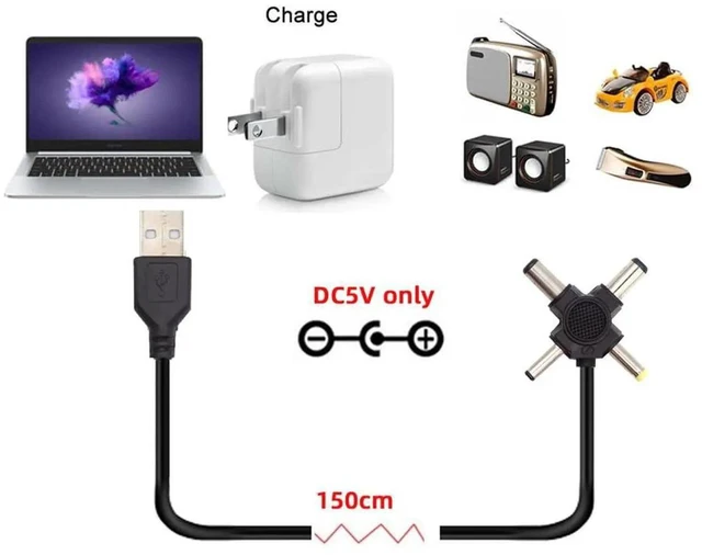 Alt view image 2 of 7 - AJMRTC 4in1 USB2.0 TypeA Male to DC Barrel Plug Charging Cable 150CM, DC 5V Power Cord with 5.5x2.5mm, 5.5x2.1mm, 4.0x1.7mm, 3.5x1.3mm Interchangeable Tips for 5V DC Powered Household Electronics