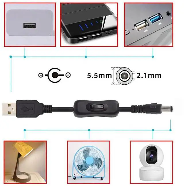 Alt view image 6 of 7 - AJMRTC USB2.0 TypeA Male to DC 5.5x2.1mm Barrel Plug Power Cable with InLine OnOff Switch Button, DC 5V PowerOnly Cord for Desk Lamps, USB Fans, Security Cameras and Small DCPowered Gadgets