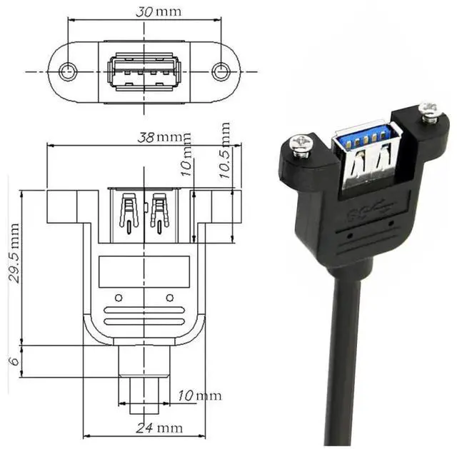 Alt view image 6 of 7 - AJMRTC 30CM 5Gbps USB 3.0 TypeA Male to Female Up Angled Panel Mount Connector Cable With Screws, Right Angle USBA Panel Header Extension Cable for Industrial DIY Equipment Installation