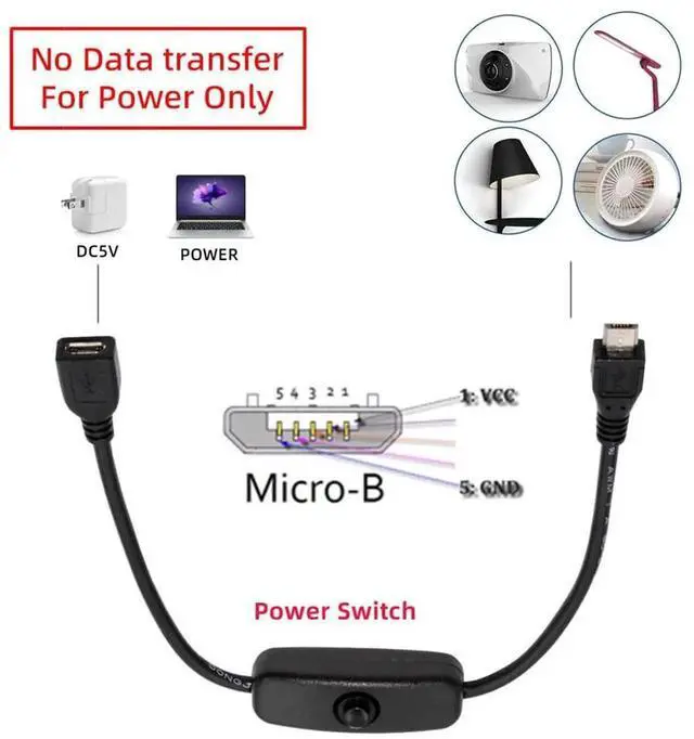 Alt view image 5 of 7 - AJMRTC Micro USB 2.0 5Pin Male to Female Extension Cable with InLine OnOff Power Switch Button, DC 5V Power Control Cord for MicroUSB Desk Lamp, USB Fan, Security Camera and DIY Small Electronic De