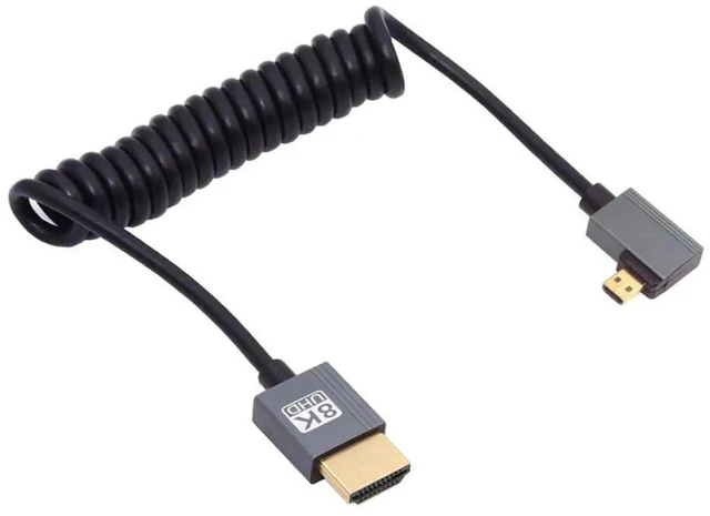 Main image of AJMRTC HDMI 2.1 8K@60Hz Micro HDMI TypeD Male to HDMI Male Stretch Coiled Cable, 90 Degree RightAngle Spring Cord 100cm for HDTV, Computer, Laptop, Monitor and MicroHDMI Enabled Devices