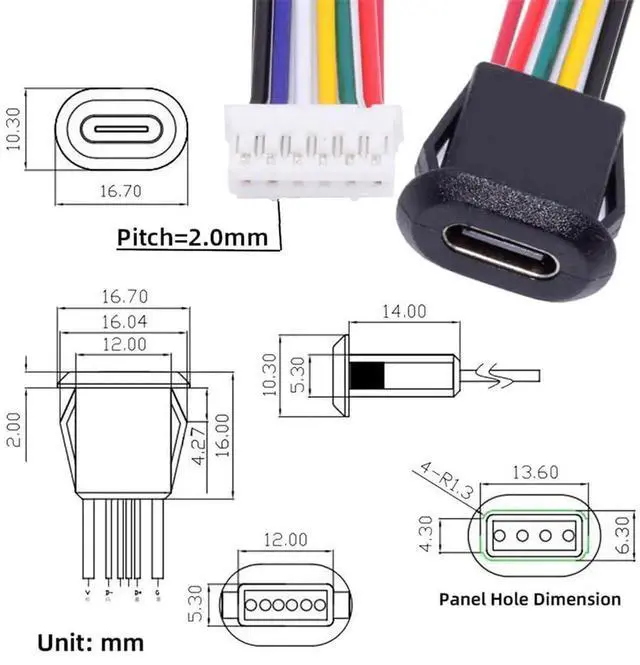 Alt view image 4 of 7 - AJMRTC 5PcsSet DIY OEM TypeC Female Socket to 6Pin Header Cable, 2.0mm Pitch LatchMount Panel Receptacle, DC 5V20V PD Power Pigtail Wire for Electronic Project, DIY Equipment and PCB Board Modif