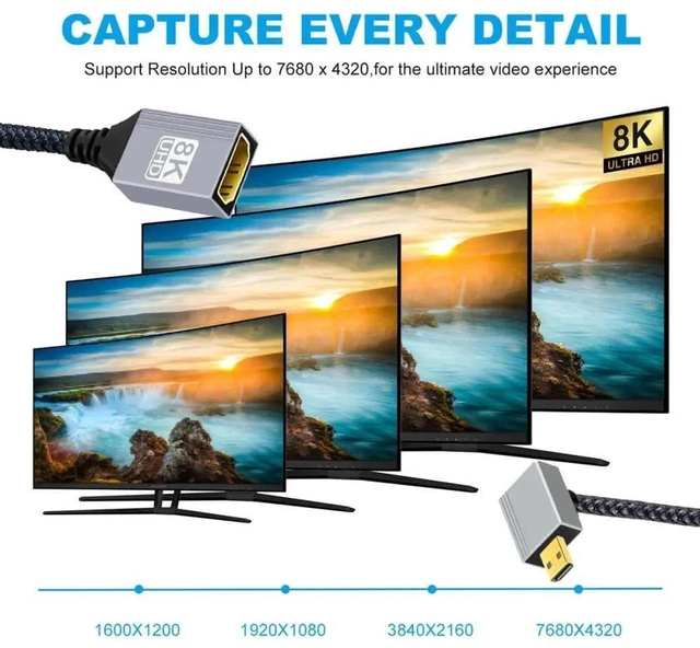 Alt view image 3 of 7 - AJMRTC HDMI 2.1 8K@60Hz 90Degree DownAngled Micro HDMI TypeD Male to HDMIA Female Extension Cable, 48Gbps HighSpeed Extender Cord for DV Camera, Camcorder, Laptop and Portable Monitor