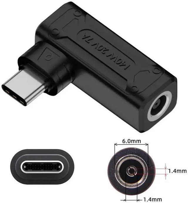 Alt view image 2 of 7 - AJMRTC 90 Degree Angled DC 6.0x1.4mm Jack to USBC TypeC Power Charging Adapter, RightAngle 6.0*1.4mm DC Input to USBC Power Plug Converter, 140W Max 100W Compatible for Laptops and Smartphones