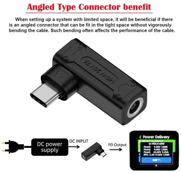 Alt view image 5 of 7 - AJMRTC 90 Degree Angled DC 6.0x1.4mm Jack to USBC TypeC Power Charging Adapter, RightAngle 6.0*1.4mm DC Input to USBC Power Plug Converter, 140W Max 100W Compatible for Laptops and Smartphones
