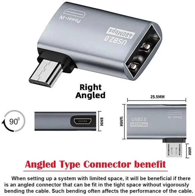 Alt view image 2 of 7 - AJMRTC 90 Degree Right Angle Micro USB 2.0 OTG Host Adapter, Micro USB Male to USBA Female with Micro USB Power Port for Android Phones, Tablets, Streaming Sticks, Flash Drives, Keyboards, Mice
