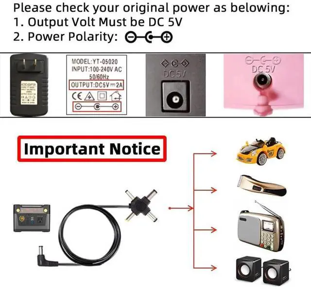 Alt view image 7 of 7 - AJMRTC 4in1 DC Power Cable 150CM, DC 5.5x2.5mm / 5.5x2.1mm / 4.0x1.7mm / 3.5x1.3mm Male Tips to DC 5.5mm Barrel Jack Charging Cord, MultiTip DC Power Plug Replacement Cable for 5V DC Powered Device