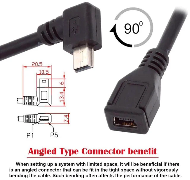 Alt view image 4 of 7 - AJMRTC 90 Degree Left Angled Mini USB 5Pin Male to Female Extension Cable 30CM, RightAngle Mini USB Cord Extension Adapter for GPS, Digital Camera, Dash Cam