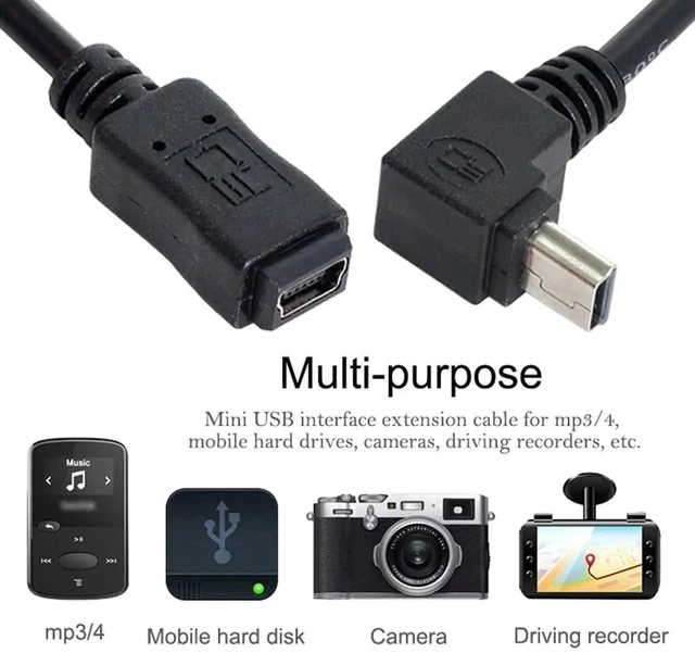 Alt view image 4 of 7 - AJMRTC 2Pack 90 Degree Up & Down Angled Mini USB 5 Pin Male to Female Extension Cable 0.2M, Short Mini USB 5Pin Extension Cord for Dash Cam, GPS, Digital Camera
