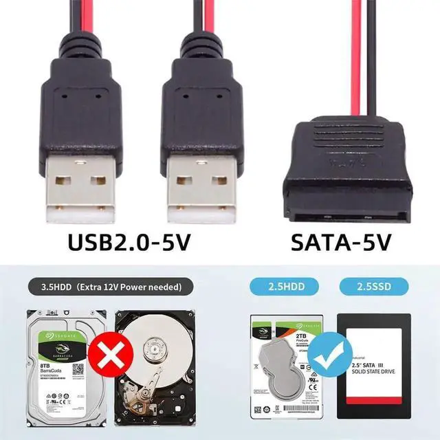Alt view image 7 of 7 - AJMRTC DC 5V Dual USB to SATA 15Pin Power Cable, Max 2A SATA Power Supply Cord for 2.5 Inch SATA HDD SSD Hard Disk Drive, USB Bus Powered