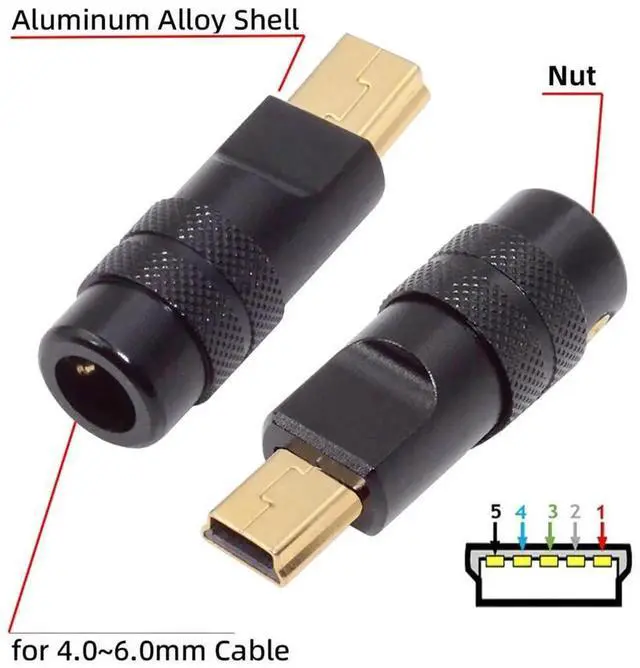 Alt view image 2 of 7 - AJMRTC MiniUSB 2.0 5Pin Male SolderType Plug, Black Aluminum Alloy Shell DIY Connector, Fits 4.06.0mm Outer Diameter Cable for Custom Cable Repair & OEM Projects