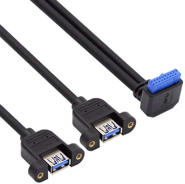 Main image of AJMRTC 5Gbps 19/20Pin Motherboard Header to Dual USB3.0 Female ScrewMount Extension Cable, 90 Degree DownAngled, Internal PC FrontPanel Expansion Cord for Desktop Mainboard Chassis DIY Build