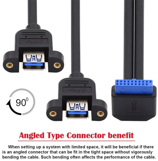 Alt view image 3 of 7 - AJMRTC 5Gbps 19/20Pin Motherboard Header to Dual USB3.0 Female ScrewMount Extension Cable, 90 Degree DownAngled, Internal PC FrontPanel Expansion Cord for Desktop Mainboard Chassis DIY Build