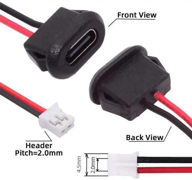 Alt view image 5 of 7 - AJMRTC 5Pcs/Set TypeC Female Socket to 2 Pin Header Cable, 2.0mm Pitch Latch Mount Panel Mount Power Cable, DC 5V Only Power Transfer, DIY OEM Replacement Wire for Embedded Projects, Smart Hardware,