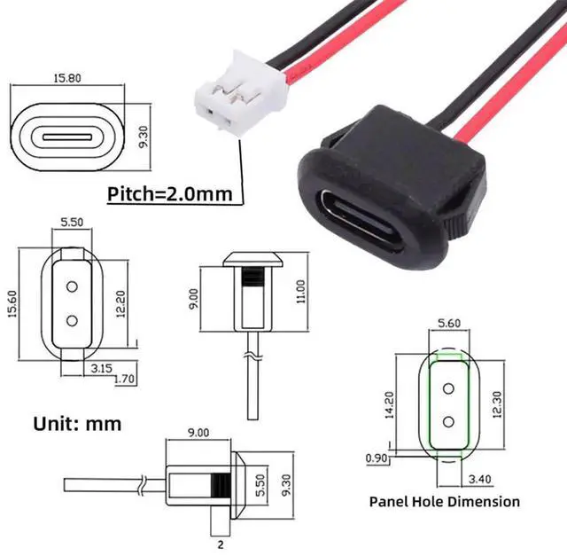 Alt view image 2 of 7 - AJMRTC 5Pcs/Set TypeC Female Socket to 2 Pin Header Cable, 2.0mm Pitch Latch Mount Panel Mount Power Cable, DC 5V Only Power Transfer, DIY OEM Replacement Wire for Embedded Projects, Smart Hardware,