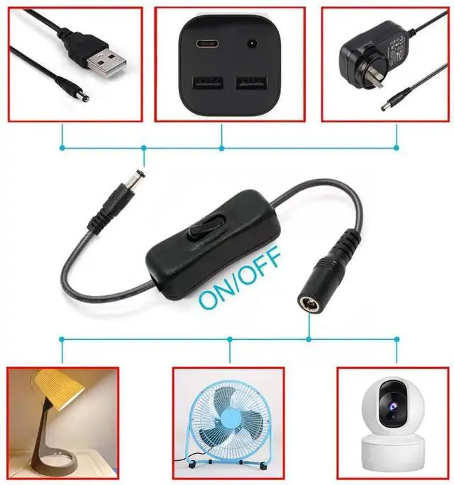 Alt view image 3 of 7 - AJMRTC DC Power Switch Cable, DC 5.5x2.1mm Male to Female DC Cord with OnOff Button Switch, DC Power Extension Cable for 5V DC Devices, Desk Lamp, Small Fan, Security Camera, LED Light and DC 5.5*2.1