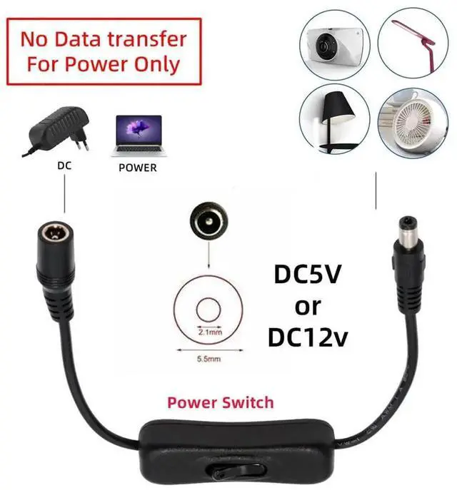 Alt view image 6 of 7 - AJMRTC DC Power Switch Cable, DC 5.5x2.1mm Male to Female DC Cord with OnOff Button Switch, DC Power Extension Cable for 5V DC Devices, Desk Lamp, Small Fan, Security Camera, LED Light and DC 5.5*2.1