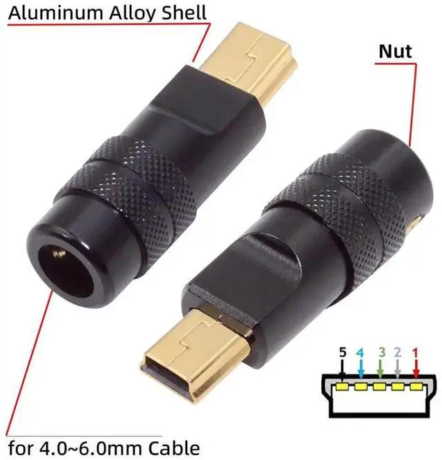 Alt view image 2 of 7 - AJMRTC 5Pin Mini USB2.0 Male SolderType Connector, Black Aluminum Alloy Shell DIY Plug, Fits 4.0mm6.0mm Outer Diameter Cable, Repair Replacement for Custom HandSoldered USB Cable Assembly