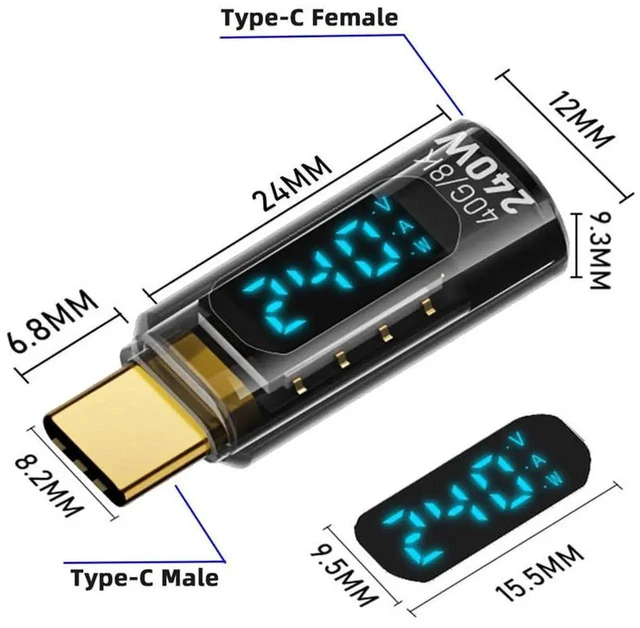 Alt view image 3 of 7 - AJMRTC USB4 TypeC Male to Female Extension Adapter, 40Gbps 240W PD3.1 Smart LED Display Tester, RealTime Voltage Current Power Monitoring Detector, 8K Video for USB4 Thunderbolt 3/4 Laptops Phones D