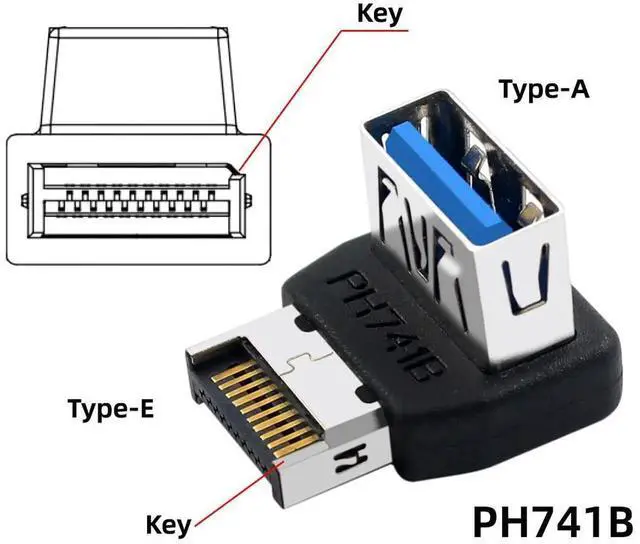 Alt view image 5 of 7 - AJMRTC 90 Degree Down Angled USB3.1 TypeE Male to USB3.0A Female Adapter, Motherboard FrontPanel Header Internal Converter for SpaceSaving PC Chassis Wiring & Mainboard Port Modification