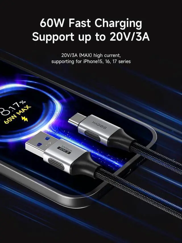 Alt view image 5 of 7 - AJMRTC USBA to USBC Cable 0.8FT, USB3.2 Gen2 10Gbps Data 60W 20V/3A Fast Charging CarPlay Cord, Compatible with iPhone 17 16 Pro Max, Galaxy S25 Ultra S25+, MacBook Pro, iPad Short Charger Cable