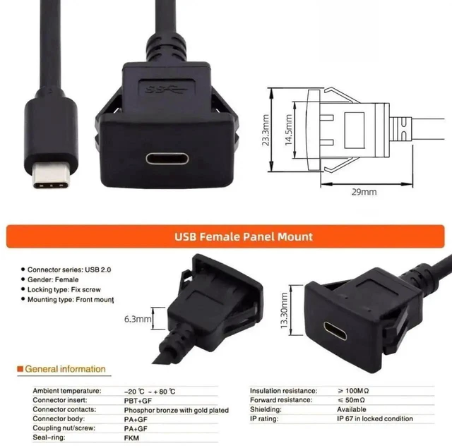 Alt view image 2 of 7 - AJMRTC USBC Panel Mount Extension Cable, USB 3.1 Gen2 10Gbps FlushMount Male to Female Waterproof Dustproof USBC Cord for Car Dashboard, Marine, Vehicle Interior Panel Installation