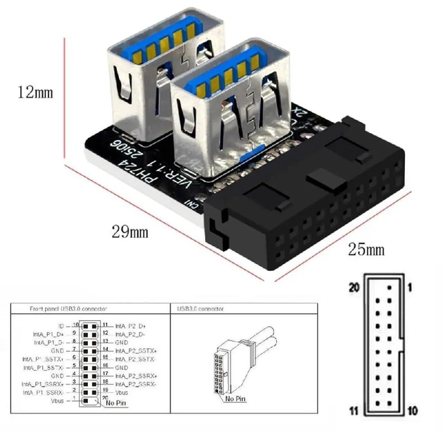 Alt view image 3 of 7 - AJMRTC ForwardAngled Vertical USB3.0 Motherboard 19/20Pin Box Header Slot Adapter, 10Gbps Dual USBA Female Internal Converter for Desktop PC DIY Building & Chassis Modification