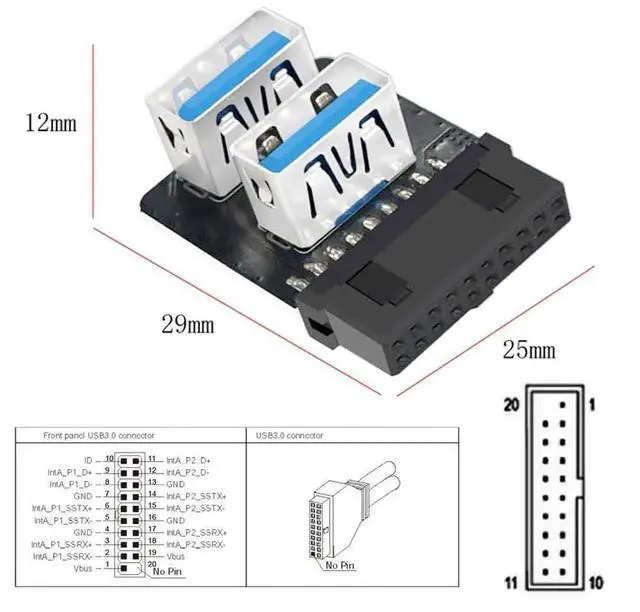Alt view image 7 of 7 - AJMRTC ReverseAngled Vertical Adapter, USB3.0 Motherboard 19/20Pin Box Header to Dual USB 3.0 TypeA, 10Gbps Internal PCBA Converter for Desktop PC Chassis DIY Hardware Modification