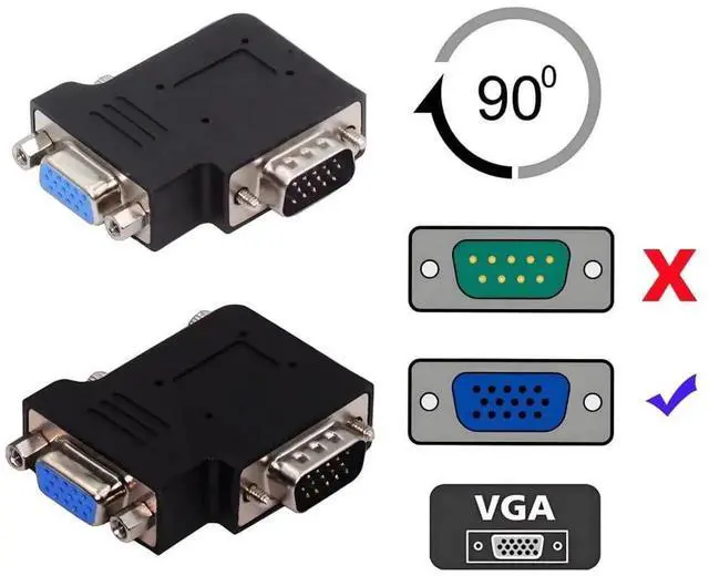 Alt view image 5 of 6 - AJMRTC 2Pcs HDB15Pin VGA RGB 90° Left & Right Angled Adapter, ScrewType Male to NutLock Female VGA Extension Connector for Monitor, Display Projector and Hardware DIY Installation
