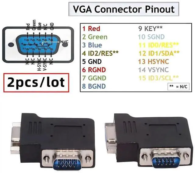Alt view image 2 of 6 - AJMRTC 2Pcs HDB15Pin VGA RGB 90° Left & Right Angled Adapter, ScrewType Male to NutLock Female VGA Extension Connector for Monitor, Display Projector and Hardware DIY Installation