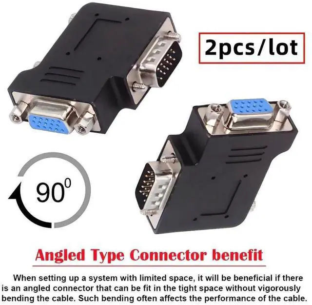 Alt view image 6 of 6 - AJMRTC 2Pcs HDB15Pin VGA RGB 90° Left & Right Angled Adapter, ScrewType Male to NutLock Female VGA Extension Connector for Monitor, Display Projector and Hardware DIY Installation