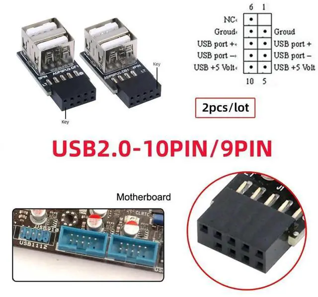 Alt view image 5 of 7 - AJMRTC 2Pcs/Lot Horizontal USB2.0 9Pin 10Pin Motherboard Header Female to Dual USB2.0 Female Adapter, Internal Port Expansion Connector for Desktop PC Chassis Hardware DIY Modification
