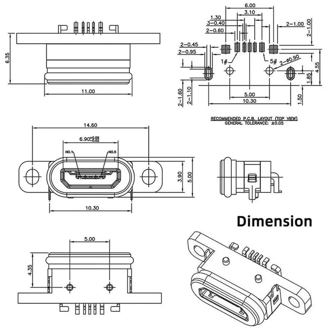 Alt view image 2 of 7 - AJMRTC 5Pcs/Set DIY OEM USB2.0 MicroB Female Receptacle Socket,Waterproof SMT Mounting Connector,480Mbps Data Transfer,Replacement Repair Part for Electronic Project DIY