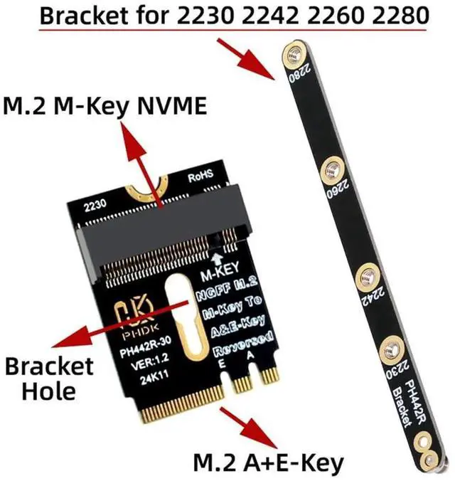 Alt view image 3 of 7 - AJMRTC M.2 A+E Key 2230MM to NVME MKey Extension Adapter Card,Convert A+E Key Slot to NVME MKey Port,Supports 2230/2242/2260/2280MM NVME SSD for Motherboard Storage Expansion