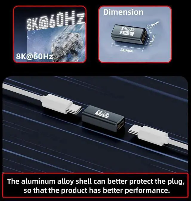 Alt view image 6 of 7 - AJMRTC USB5.0 Female to Female Extension Adapter,80Gbps Data Transfer,240W PD Fast Charging,16K 8K 5K Video Output,Compatible with USB4.0 Thunderbolt 3 4 5 for USBC Cable Coupler