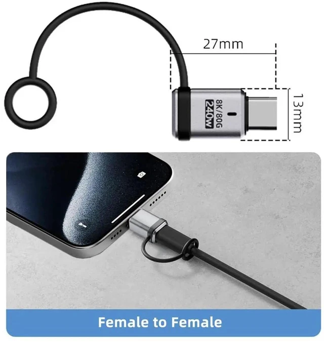 Alt view image 3 of 7 - AJMRTC 90 Degree USB5.0 Male to Female Straight Extension Adapter with Lanyard Keychain,80Gbps,240W PD Charging,16K 8K 5K Video,Compatible with USB4.0 Thunderbolt 3 4 5