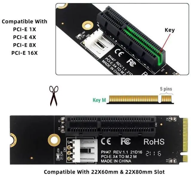 Alt view image 5 of 7 - AJMRTC PCIE 4.0 NVMe MKey M.2 NGFF Riser Adapter,Convert M.2 2260 2280 SSD to PCIE X1/X4/X8/X16 Slot,for Motherboard PCIExpress Storage Expansion