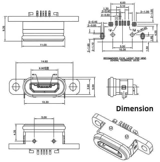 Alt view image 2 of 7 - AJMRTC 5Pcs/Set DIY OEM USB2.0 MicroB Female Receptacle Socket,SMT SurfaceMount Waterproof Connector,480Mbps Data Rate for PCB Assembly,Outdoor Electronic Device Port Replacement