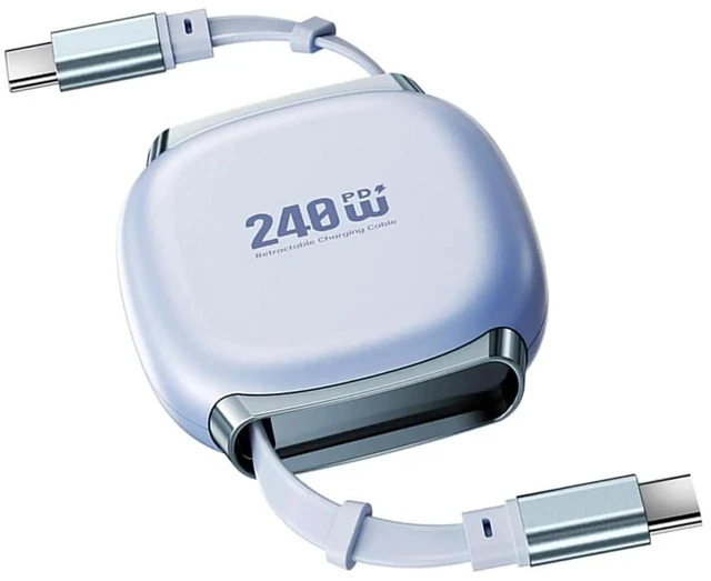 Main image of AJMRTC Blue Retractable Stretch Coiled USBC Male to Male Cable,140W PD Fast Charging,480Mbps Data Sync Cord,for Laptops,Smartphones,Tablets Portable USBC Power and Data Connection