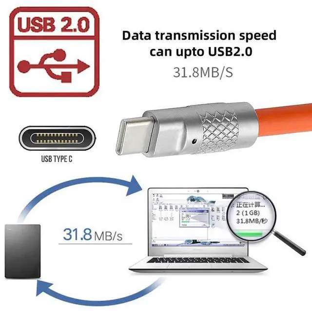 Alt view image 3 of 7 - AJMRTC USBC to USBC Liquid Silicone Cable 1M Orange,Ultra Soft 120W PD Fast Charging Cord,USB2.0 480Mbps Data Sync for Laptops,Tablets,iPhone15,Samsung Galaxy,USBC Smartphones