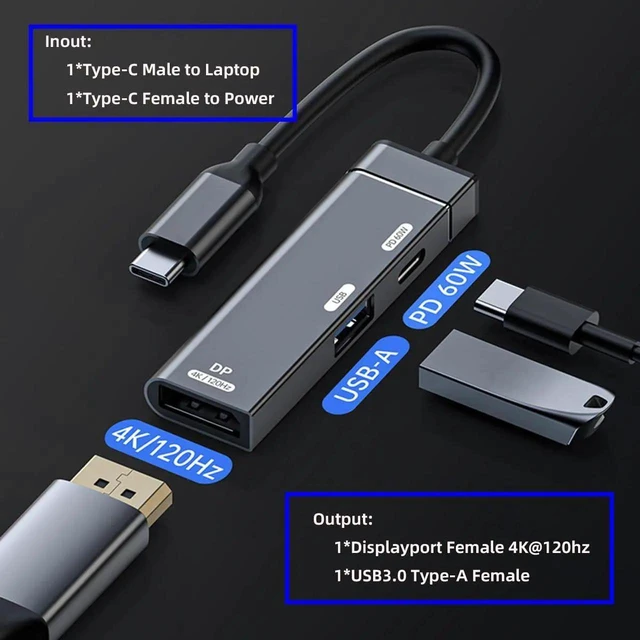 Alt view image 3 of 7 - AJMRTC 3in1 USBC Hub Multiport Adapter,USBC to DisplayPort 4K@120Hz,USB 3.0 10Gbps Data Port,USBC PD 60W Fast Charging Dock for Laptops,Tablets,Smartphones with USBC Port