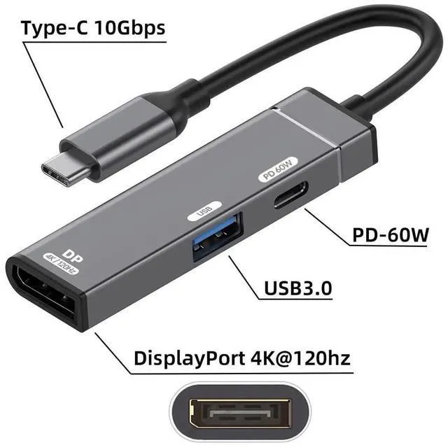 Alt view image 4 of 7 - AJMRTC 3in1 USBC Hub Multiport Adapter,USBC to DisplayPort 4K@120Hz,USB 3.0 10Gbps Data Port,USBC PD 60W Fast Charging Dock for Laptops,Tablets,Smartphones with USBC Port