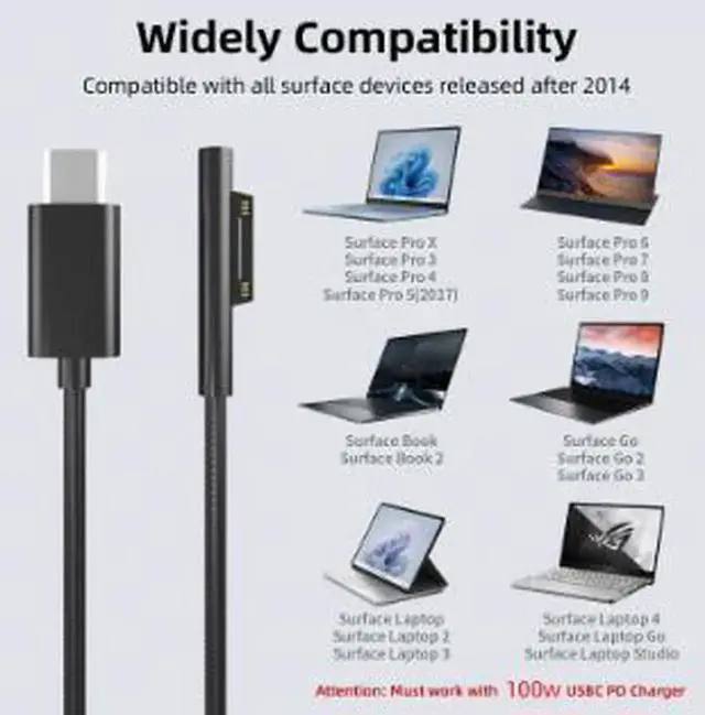 Alt view image 4 of 5 - AJMRTC 1.8M USBC to Surface Charging Cable,100W PD 15V/3A Power Cord for Microsoft Surface Pro 3 4 5 6 7 8 9,Surface Go,Surface Book,Surface Laptop Series Laptops