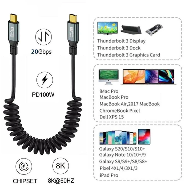 Alt view image 7 of 7 - AJMRTC 150CM Stretch Coiled USB4 USBC Male to Male Cable, 20Gbps Data Sync, 100W PD Fast Charging, 8K Video Output for Laptop, Keyboard, Tablet and USBC Compatible Peripherals
