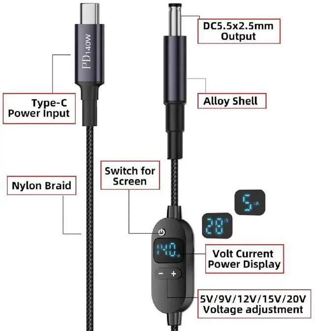 Alt view image 3 of 7 - AJMRTC 1.5M USBC to DC 5.5*2.5mm PD Charging Cable, Smart LED Power Display, 140W Max PD Input, MultiVoltage Output 20V 15V 12V 9V 5V for 65W 100W Laptop and DCBarrel Powered Devices