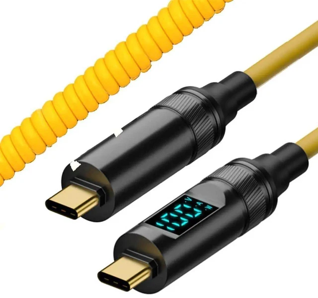 Main image of AJMRTC 180CM Stretch Coiled USB4 USBC MaletoMale Cable, Smart LED Power Display, 20Gbps Data, 100W PD Charging, 8K Video for Laptop, External Disk, Smartphone USBC Peripherals