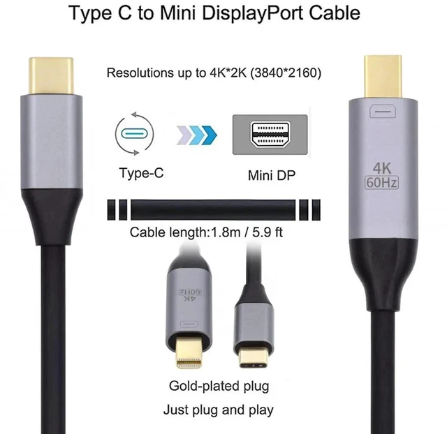 Alt view image 2 of 7 - AJMRTC 1.8m USBC to Mini DisplayPort Male Cable, USB3.1 Source Input, 4K Video Output, External Display Cord for Laptop Connecting MiniDP Monitor and Display Screen