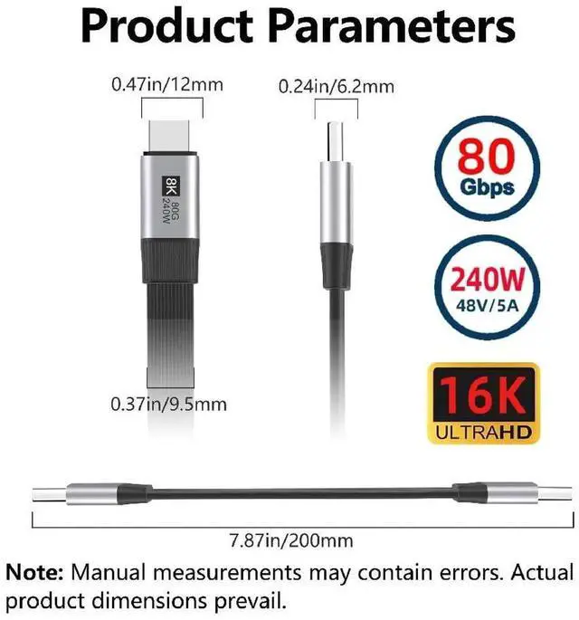 Alt view image 4 of 7 - AJMRTC USB5.0 Flat Slim FPC Extension Cable 20cm,Male to Male 80Gbps 240W PD Fast Charge,16K 8K@60Hz Video Cord,Compatible with 40Gbps USB4.0 Thunderbolt 3/4/5 for Laptop Docking Station