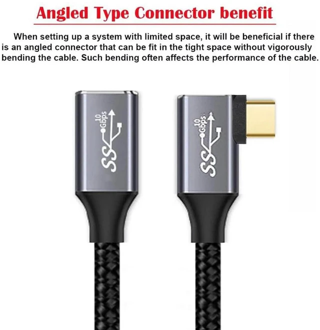 Alt view image 2 of 7 - AJMRTC LeftRight Angled USBC Extension Cable 3M,USB3.1 Gen2 TypeC Male to Female Cord,10Gbps 100W PD Fast Charge,4K Video Nylon Braided Sleeve for Laptop,Phone,Docking Station