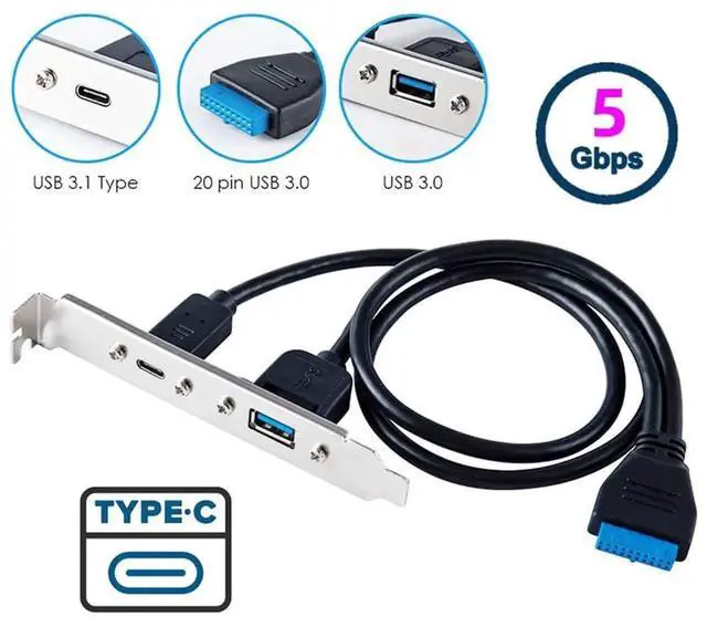 Alt view image 2 of 7 - AJMRTC 50cm 19/20Pin USB3.0 Motherboard Header to DualPort PCIE Back Panel Cable,5Gbps USB3.0A & USBC TypeC Female Rear I/O Bracket Cable for Desktop PC Chassis Mod
